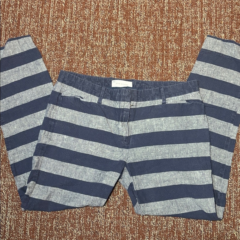 Gap slim crop capri horizontal‎ wide striped gray/blue pant nautical preppy 0